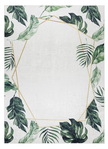 ANDRE 1168 covor lavabil Monstera pleacă, geometric anti-alunecare - alb / verde