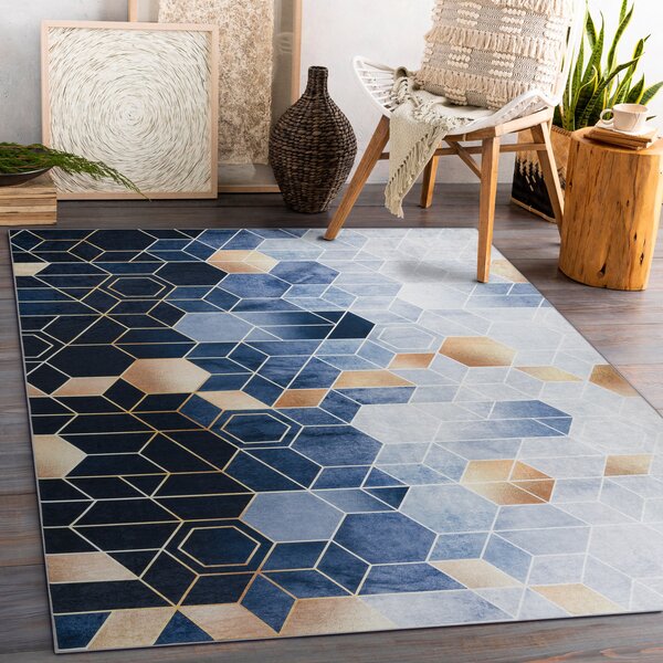 ANDRE 1216 covor lavabil cub, geometric anti-alunecare - albastru
