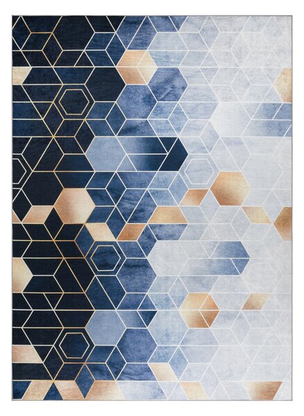 ANDRE 1216 covor lavabil cub, geometric anti-alunecare - albastru