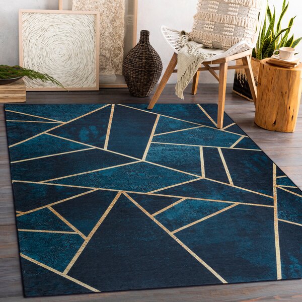 ANDRE 1173 covor lavabil mozaic, geometric anti-alunecare - turcoaz / aur