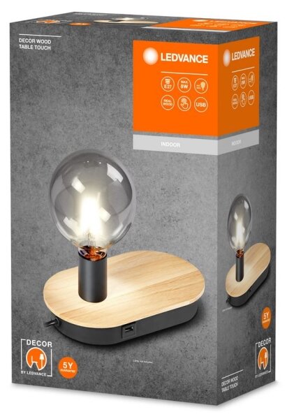 Lampă LED tactilă de masă cu conector USB Ledvance DECOR WOOD 1xE27/8W/230V