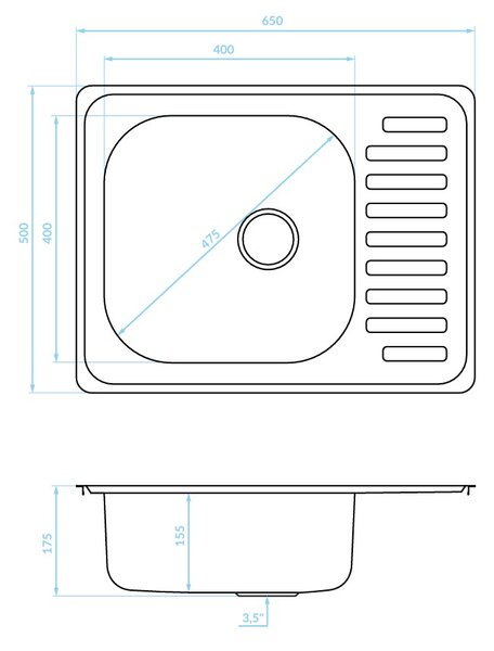 Kuchinox Junak, chiuvetă din oțel inoxidabil cu 1 compartiment 650x500x175 mm cu scurgător, suprafață netedă, oțel, LAV-SQA_013T