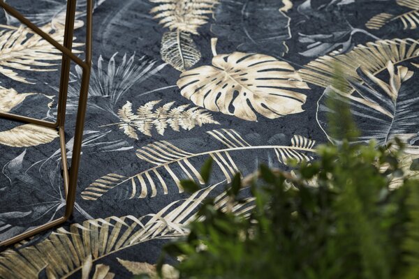 ANDRE 1311 covor lavabil Monstera pleacă, geometric anti-alunecare - negru / aur
