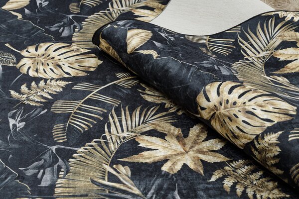 ANDRE 1311 covor lavabil Monstera pleacă, geometric anti-alunecare - negru / aur