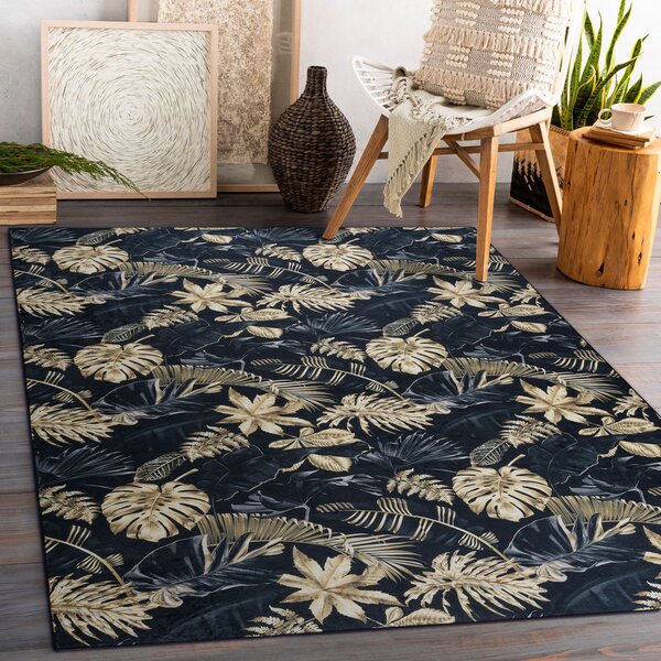 ANDRE 1311 covor lavabil Monstera pleacă, geometric anti-alunecare - negru / aur