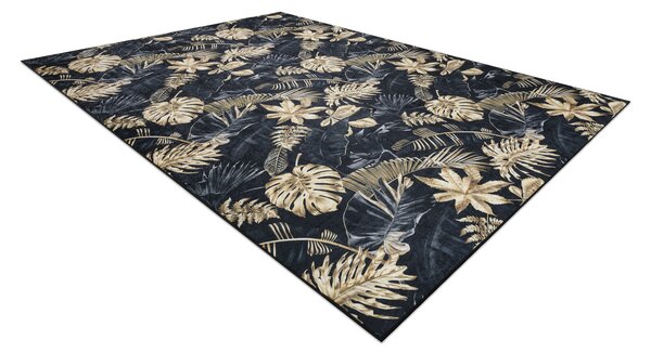 ANDRE 1311 covor lavabil Monstera pleacă, geometric anti-alunecare - negru / aur