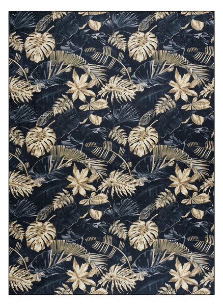 ANDRE 1311 covor lavabil Monstera pleacă, geometric anti-alunecare - negru / aur