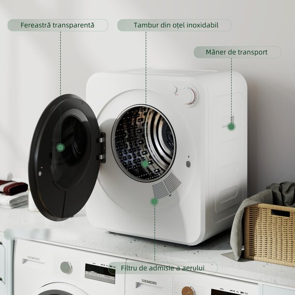 HOMCOM Uscător portabil de rufe 4 kg, încărcare frontală, 2 trepte de putere 800 W/400 W, 240 V, compact pentru apartament, rulote și casă, alb | Aosom Romania