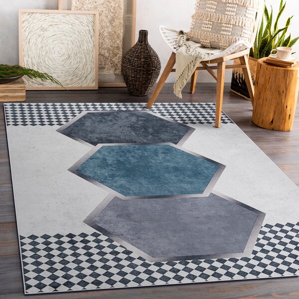 ANDRE 1863 covor lavabil Caro, geometric anti-alunecare - alb / negru