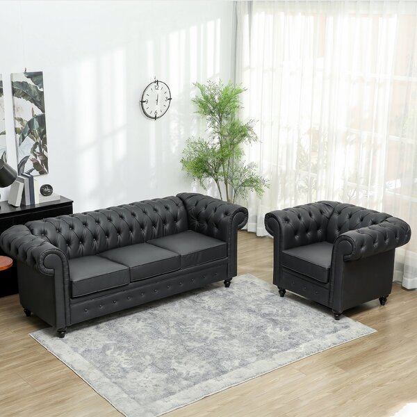 HOMCOM Fotoliu Decorativ Tapițat cu Butoni Decorativi și Picioare din Lemn, 105x86x79 cm, Negru | Aosom Romania