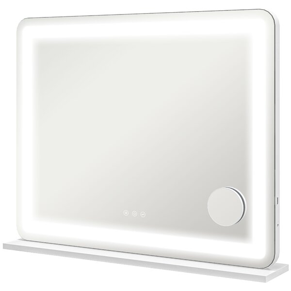 HOMCOM Oglindă de Machiaj cu Lumini LED în 3 Culori, Oglindă de Perete și Masă cu USB, 80x62x14 cm, Alb | Aosom Romania