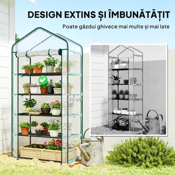 Outsunny Seră tip căsuță cu 5 niveluri, cu ușă rulabilă, din oțel și polietilenă, 90x49x193 cm, transparentă | Aosom Romania