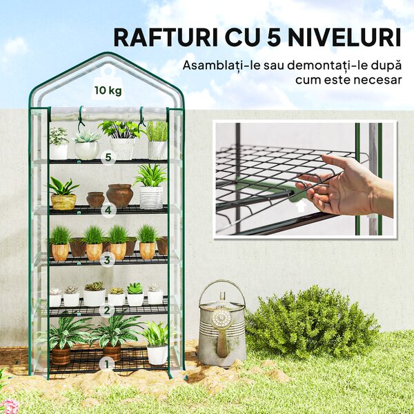 Outsunny Seră tip căsuță cu 5 niveluri, cu ușă rulabilă, din oțel și polietilenă, 90x49x193 cm, transparentă | Aosom Romania