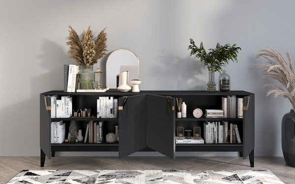 Comodă lemn masiv Laurette, 201 × 42 × 70 cm - Alb + Negru