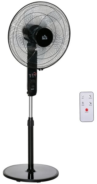 HOMCOM Ventilator de Podea cu Telecomandă, Reglabil pe Înălțime, 3 Viteze, Unghi de Înclinare Reglabil, Metal, Negru, Ø44,5x110-124H cm | Aosom Romania