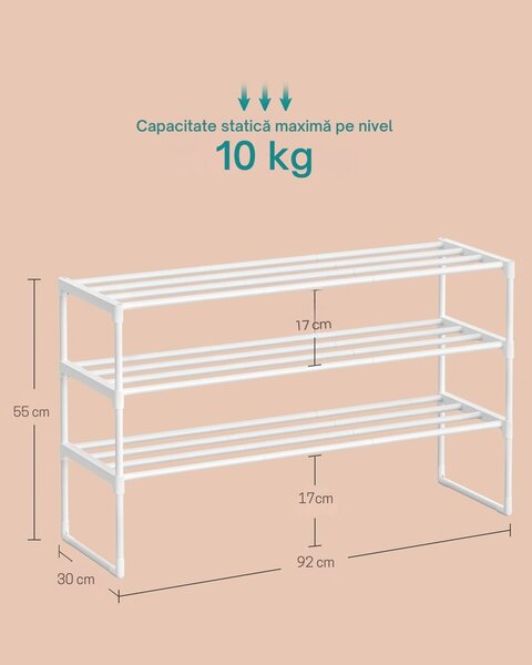 Raft pentru pantofi TORINO, 3 polițe, 30x92x55cm, alb SongmicsHome