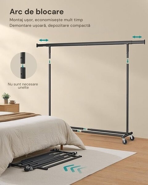 Umeraș pentru haine DOLLY pe roți, max. 150 kg, 45x160-200x161,5cm, negru SongmicsHome