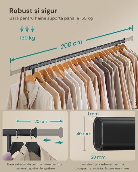 Umeraș pentru haine DOLLY pe roți, max. 150 kg, 45x160-200x161,5cm, negru SongmicsHome