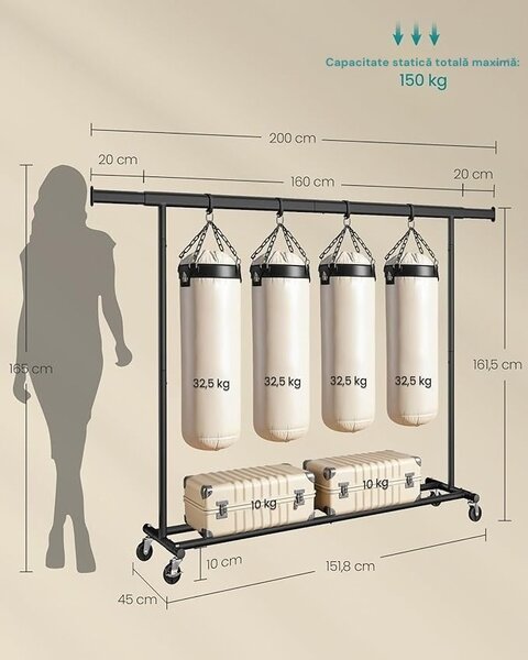 Umeraș pentru haine DOLLY pe roți, max. 150 kg, 45x160-200x161,5cm, negru SongmicsHome