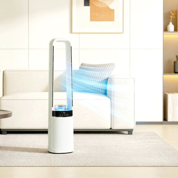 HOMCOM Ventilator de Podea Fără Pale pentru Dormitor, Silențios 36dB, cu Oscilație la 45°, Lumini LED, 3 Viteze, Temporizator 12H, Telecomandă, 94 cm, Alb | Aosom Romania