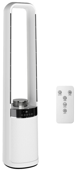 HOMCOM Ventilator de Podea Fără Pale pentru Dormitor, Silențios 36dB, cu Oscilație la 45°, Lumini LED, 3 Viteze, Temporizator 12H, Telecomandă, 94 cm, Alb | Aosom Romania