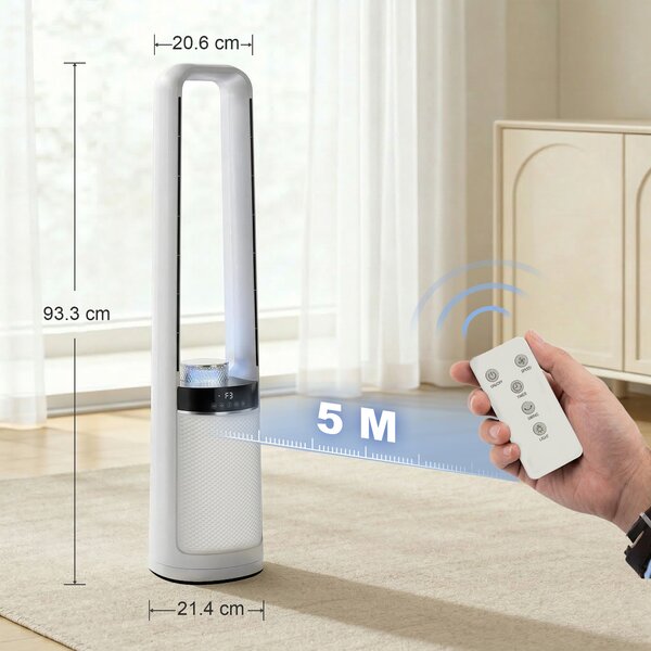 HOMCOM Ventilator de Podea Fără Pale pentru Dormitor, Silențios 36dB, cu Oscilație la 45°, Lumini LED, 3 Viteze, Temporizator 12H, Telecomandă, 94 cm, Alb | Aosom Romania