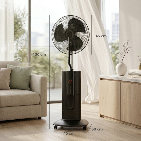 HOMCOM Ventilator de Podea 3 în 1 Oscilant cu Nebulizator de Apă, Telecomandă și Timer 9h, 45x38x130 cm, Negru | Aosom Romania