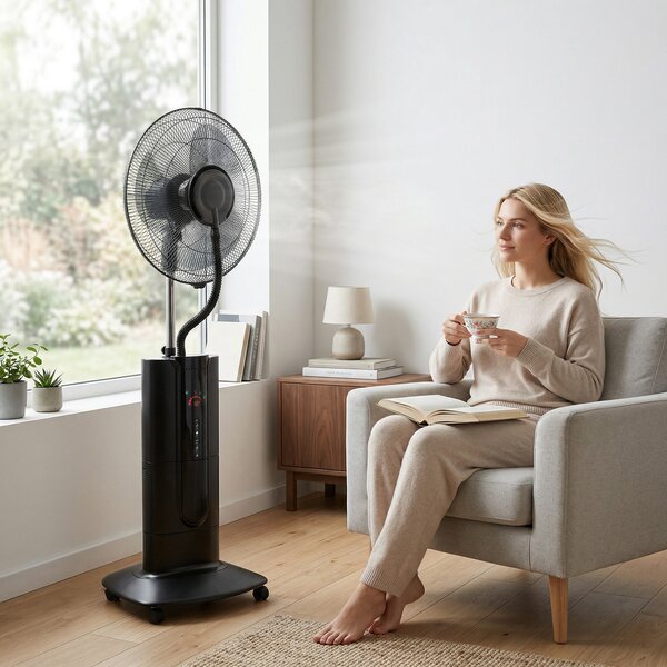 HOMCOM Ventilator de Podea 3 în 1 Oscilant cu Nebulizator de Apă, Telecomandă și Timer 9h, 45x38x130 cm, Negru | Aosom Romania