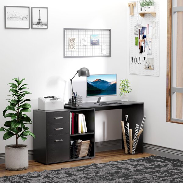 HOMCOM Masa de Birou de colt cu Sertar, pentru Birou si Casa, in Forma de L, Neagra