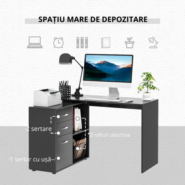 HOMCOM Masa de Birou de colt cu Sertar, pentru Birou si Casa, in Forma de L, Neagra