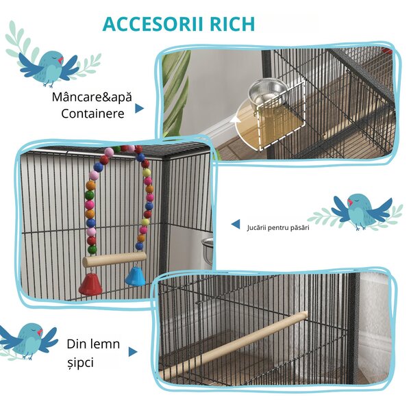 PawHut Colivie pentru Păsări cu Suport Rulant, Colivie cu Leagăn, Tavă Detașabilă, și Boluri din Oțel Inoxidabil, 48x46x74 cm, Gri | Aosom Romania