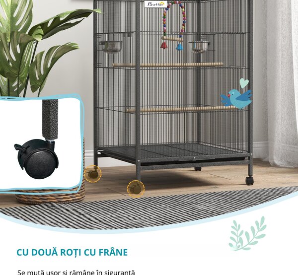 PawHut Colivie pentru Păsări cu Suport Rulant, Colivie cu Leagăn, Tavă Detașabilă, și Boluri din Oțel Inoxidabil, 48x46x74 cm, Gri | Aosom Romania