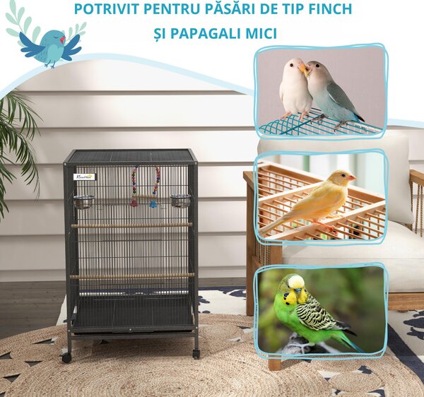 PawHut Colivie pentru Păsări cu Suport Rulant, Colivie cu Leagăn, Tavă Detașabilă, și Boluri din Oțel Inoxidabil, 48x46x74 cm, Gri | Aosom Romania
