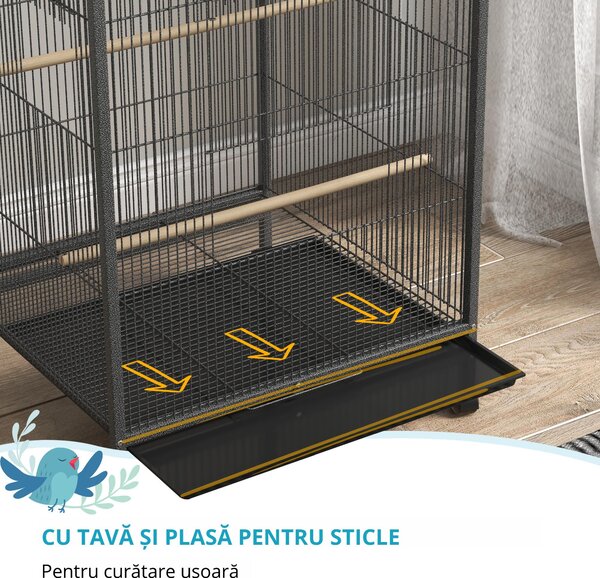 PawHut Colivie pentru Păsări cu Suport Rulant, Colivie cu Leagăn, Tavă Detașabilă, și Boluri din Oțel Inoxidabil, 48x46x74 cm, Gri | Aosom Romania