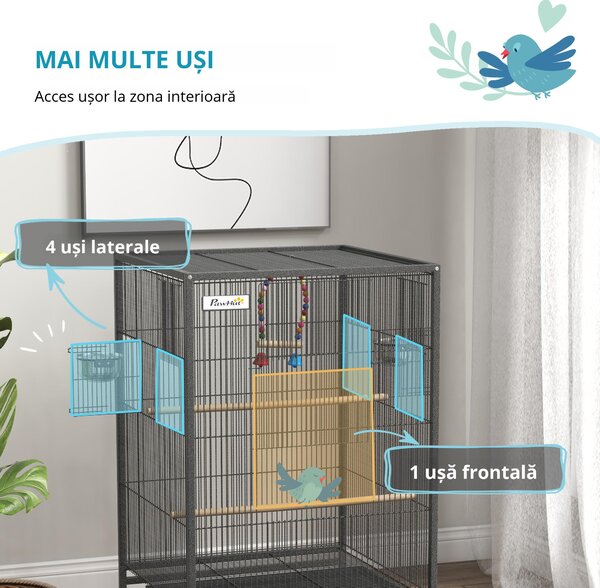 PawHut Colivie pentru Păsări cu Suport Rulant, Colivie cu Leagăn, Tavă Detașabilă, și Boluri din Oțel Inoxidabil, 48x46x74 cm, Gri | Aosom Romania