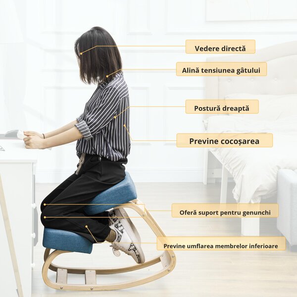 Vinsetto Scaun Ergonomic cu Suport pentru Genunchi din Lemn de Mesteacăn, 51x69x58 cm, Albastru | Aosom Romania