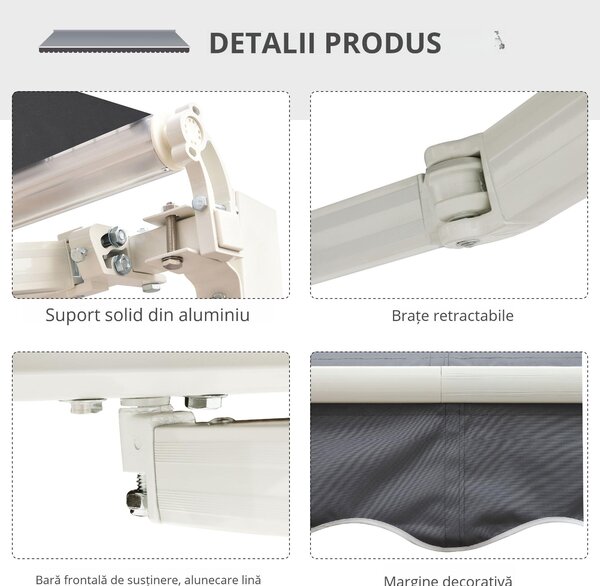 Outsunny Copertină de Soare Retractabilă Manual din Aluminiu și Țesătură Poliester, 2,5x2 m, Gri | Aosom Romania