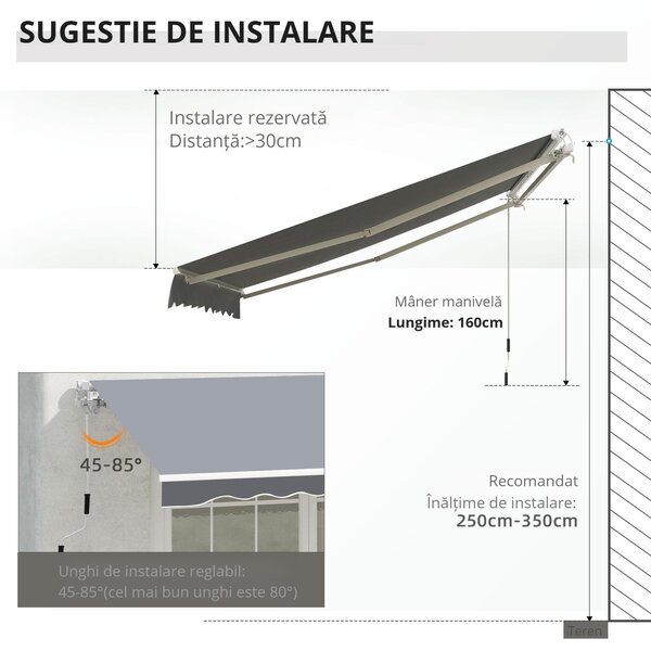Outsunny Copertină de Soare Retractabilă Manual din Aluminiu și Țesătură Poliester, 2,5x2 m, Gri | Aosom Romania