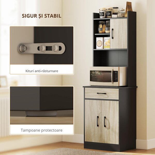 HOMCOM Dulap de Bucătărie, Mobilier cu Orificiu pentru Cabluri și Suprafață pentru Microunde, Dulap de Bucătărie cu Sertar, 3 Rafturi Deschise și Dulapuri, pentru Sufragerie, Living, Negru și Lemn | Aosom Romania