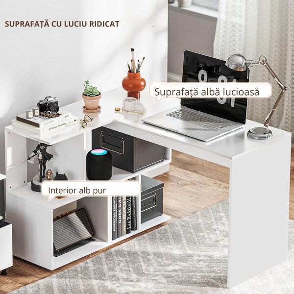 HOMCOM Birou Modern de Colț pentru Birou cu 4 Rafturi din Lemn, Alb, 120x100x77 cm | Aosom Romania