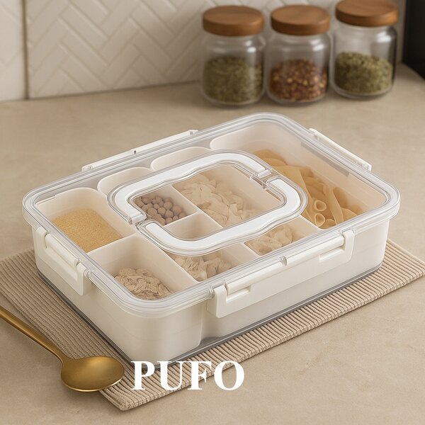 Cutie depozitare mancare pentru frigider cu capac etans si 6 compartimente detasabile, Pufo, 35 x 25 cm