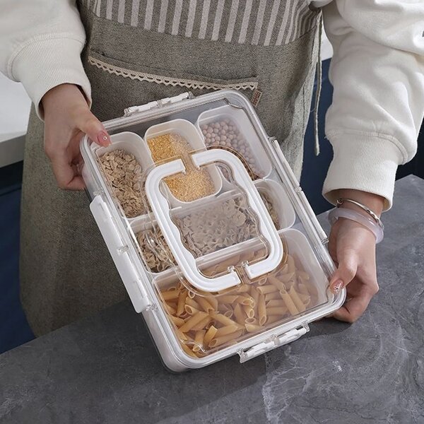 Cutie depozitare mancare pentru frigider cu capac etans si 5 compartimente detasabile, Pufo, 31 x 24 cm