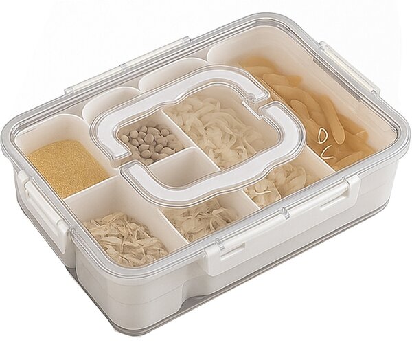 Cutie depozitare mancare pentru frigider cu capac etans si 6 compartimente detasabile, Pufo, 35 x 25 cm
