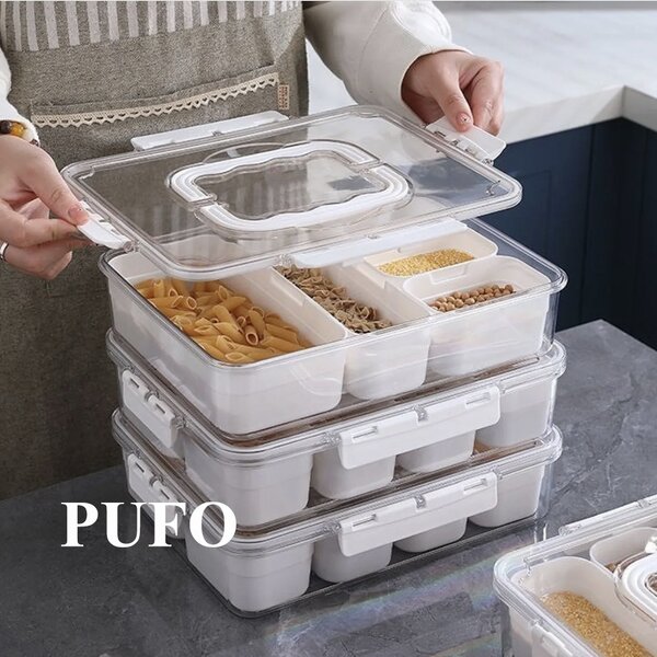 Cutie depozitare mancare pentru frigider cu capac etans si 5 compartimente detasabile, Pufo, 31 x 24 cm