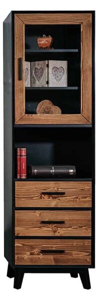 Vitrină lemn masiv Timeless 3 Sertare 1 Ușă 1 Nișă Negru, 55 × 45 × 190 cm - Usă de sticlă