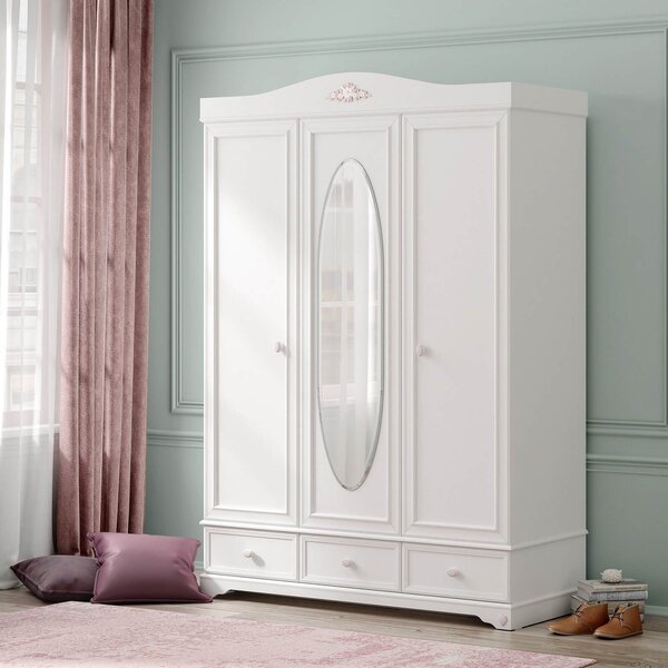 Dulap Cilek, 3 usi, oglinda inclusa, 140x60x204 cm, PAL alb, colectia Rustic White