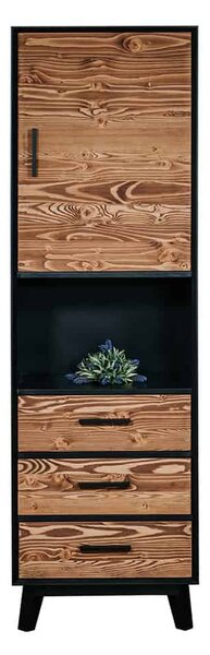 Vitrină lemn masiv Timeless 3 Sertare 1 Ușă 1 Nișă Negru, 55 × 45 × 190 cm - Usă plină