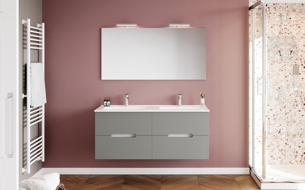 Set lemn masiv Mobilier Baie Suspendat Orchid Lavoar Dublu - bianco opaco & rovere grigio