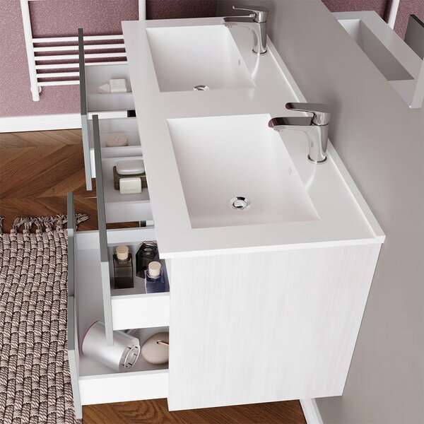 Set lemn masiv Mobilier Baie Suspendat Orchid Lavoar Dublu - bianco opaco & rovere grigio