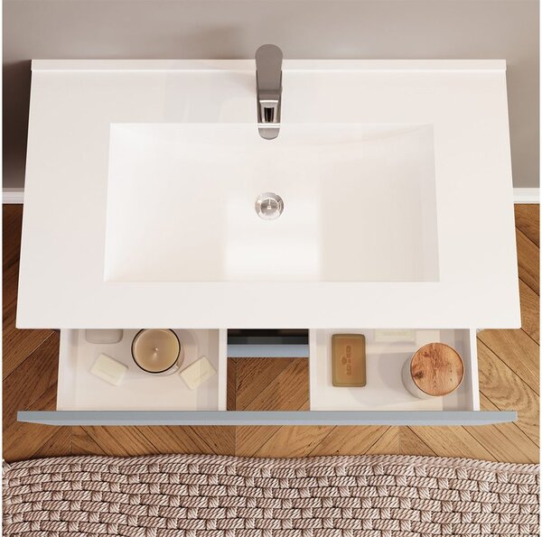Set lemn masiv Mobilier Baie Suspendat Orchid Lavoar Dublu - bianco opaco & rovere grigio